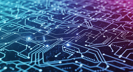 Abstract digital illustration of a glowing blue and purple circuit board with intricate pathways