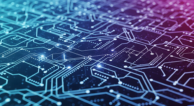 Abstract digital illustration of a glowing blue and purple circuit board with intricate pathways