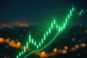Green stock market candlestick chart showing upward trend and bokeh city lights in background, investment