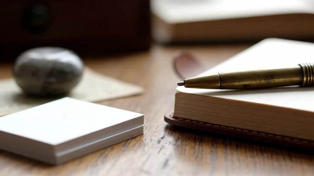 Close-up of an open notebook with a pen on a wooden table