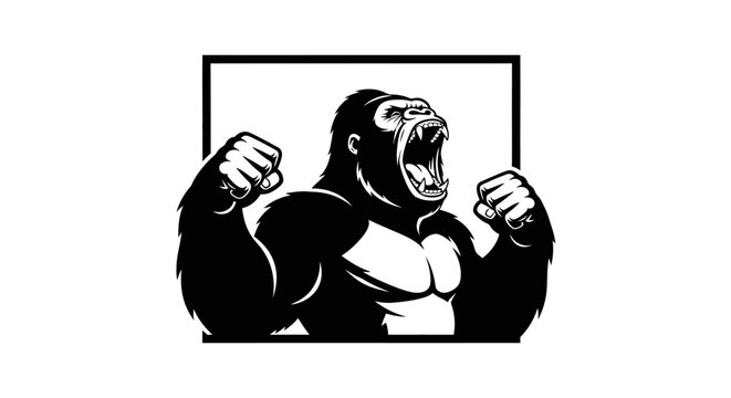 A powerful black and white illustration of a roaring gorilla with clenched fists raised in a display of strength.