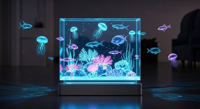 Glowing Aquarium: Neon Fish, Jellyfish, and Coral Reef in a Modern Display