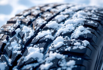 Close up of a rugged winter tire with detailed tread covered in fresh snow the black rubber contrasts with the white snow showing texture and grip in cold outdoor conditions