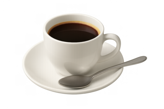 Black coffee in white cup with saucer and spoon, ready for a refreshing break, isolated on transparent background