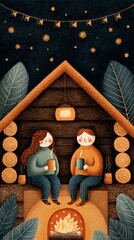 A cozy illustration of two people enjoying warmth by a fireplace, surrounded by nature under a starry night.