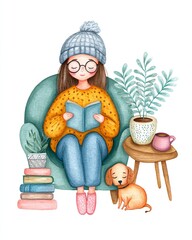 A cozy scene featuring a girl reading a book with her dog by her side, surrounded by plants and a warm, inviting atmosphere.