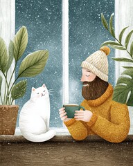 A cozy scene of a man in a warm sweater enjoying a hot drink with his cat by a snowy window.