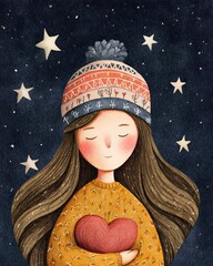 A serene illustration of a girl in a hat, holding a heart, surrounded by stars, evoking warmth and tranquility.