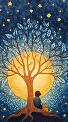 A serene scene featuring a person and a cat under a starry sky, symbolizing peace and introspection by a glowing tree.