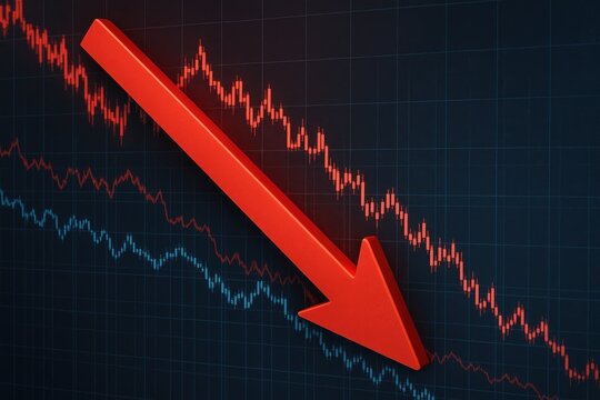 Red downward arrow and red candlestick chart indicating market recession and stock decline