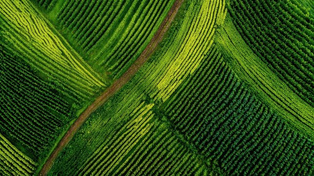 Aerial view of lush green tea plantation rows with a dirt path