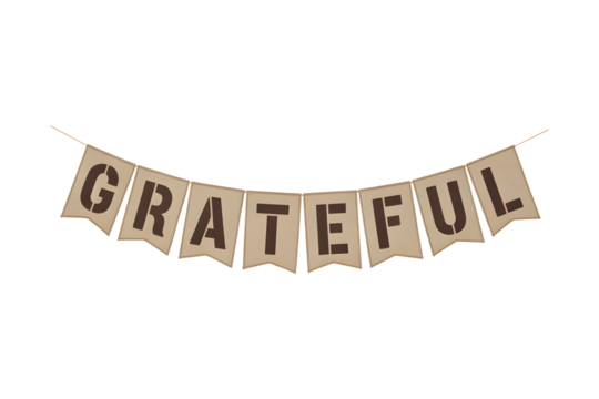 Realistic jute burlap 'grateful' banner isolated on transparent background