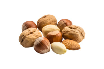 Assortment of various nuts in shells scattered isolated on transparent background