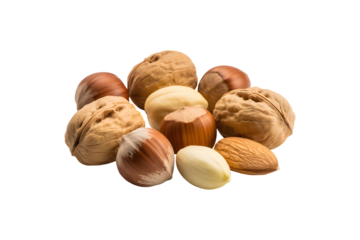 Assortment of various nuts in shells scattered isolated on transparent background