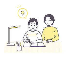 親子で自宅学習をしているイメージイラスト