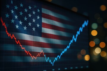 American stock market chart shows fluctuation with US flag overlay, trading trends, economic indicators, and financial markets