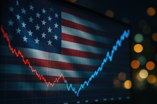 American stock market chart shows fluctuation with US flag overlay, trading trends, economic indicators, and financial markets