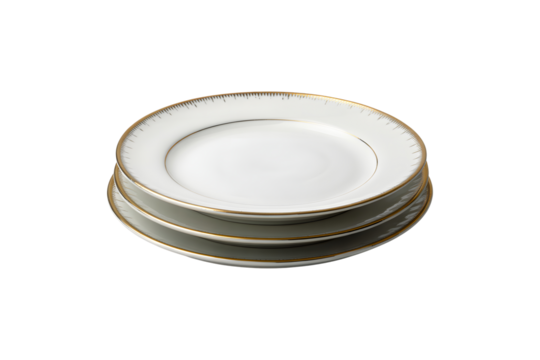 Stack of clean white ceramic dinner plates isolated on transparent background