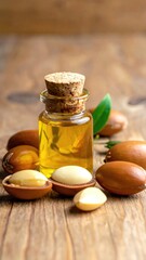 Argan oil in glass bottle with nuts on wooden table