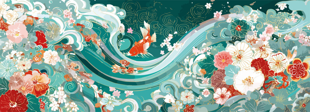 Vektor Illustration von Koi-Karpfen und Blumen in t&uuml;rkisfarbenen Wellen, im japanischen Stil