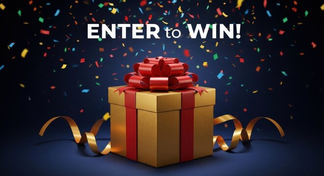 Golden gift box with red ribbon and confetti announcing enter to win