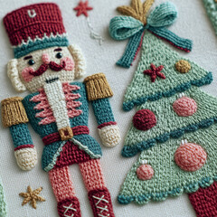 Crocheted Nutcracker and Christmas Tree Embroidery Art
