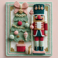 Crocheted Nutcracker and Christmas Tree Embroidery Art