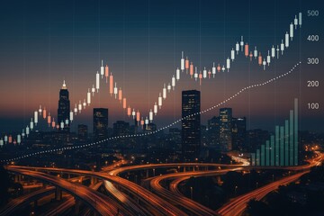 Fototapeta premium Financial growth chart overlaying a city skyline and traffic at night, economic trends, stock market, business growth
