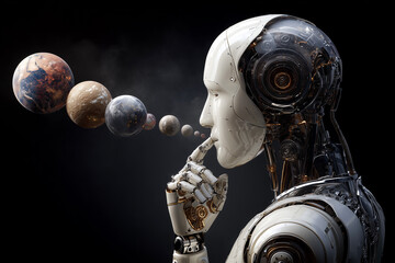 Futuristic Robot Thinking with Floating Planets Concept Art
