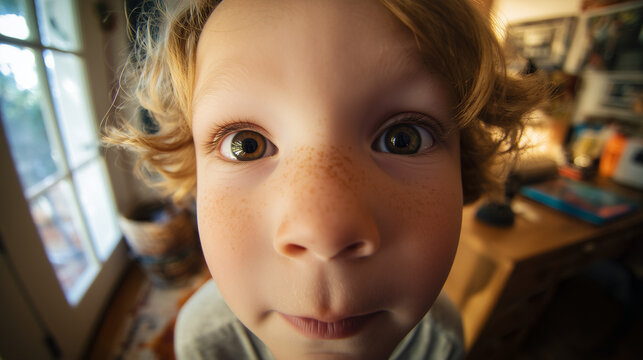 Curious child looking into fisheye laptop camera