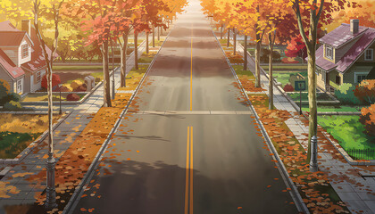 A quiet suburban street lined with colorful autumn trees fallen leaves cover the sidewalk sunlight bathes cozy houses creating a warm peaceful neighborhood scene in early fall