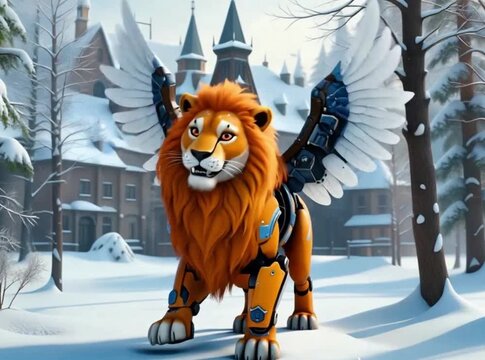 A festive robotic lion with mechanical wings stands in a snowy forest clearing in front of a grand, snow-covered castle or manor house.