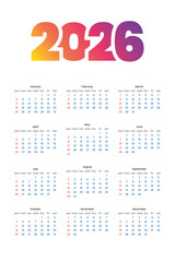Colorful 2026 calendar, featuring a clean and modern design with vibrant gradient colors for each month