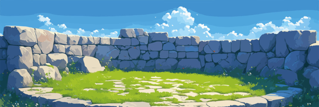 Eine Vektor-Illustration einer alten Steinmauer, die einen gr&uuml;nen, grasbewachsenen Innenhof umgibt, unter blauem Himmel mit Wolken.