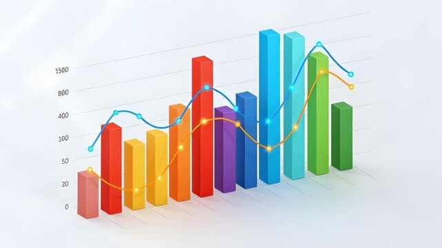 Colorful bar graphs and line charts illustrate data trends across various categories. Each frame highlights changes, making complex information easy to understand at a glance
