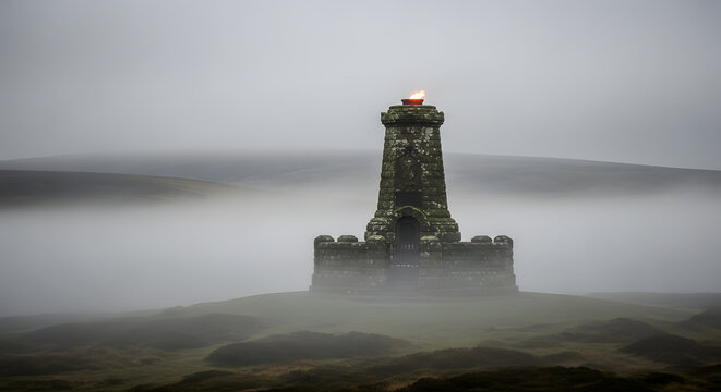 Ancient Stone Monument with a Fiery Beacon on a Misty Hilltop tower