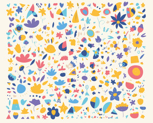 Bunte, abstrakte Vektor-Elemente und Muster mit Blumen, Formen und Sternen f&uuml;r Design und Dekoration.