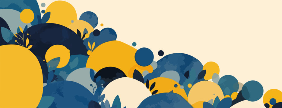 Abstrakte Vektorillustration mit organischen Formen und Bl&auml;ttern in Blau und Gelb