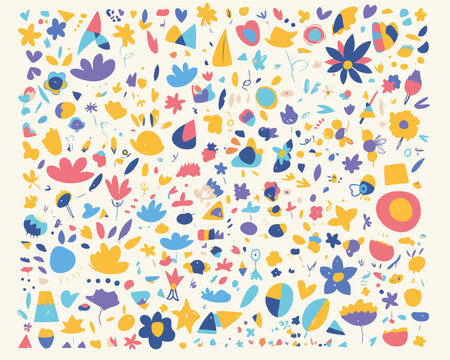 Bunte, abstrakte Vektor-Elemente und Muster mit Blumen, Formen und Sternen f&uuml;r Design und Dekoration.