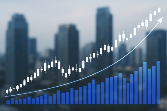 Candlestick chart and bar graph showing upward financial trend with city skyline in background - Powered by Adobe