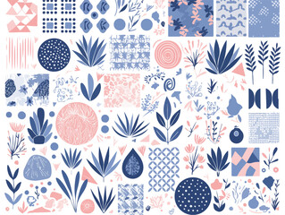 Vektor-Sammlung von abstrakten botanischen Elementen, Mustern und geometrischen Formen in Rosa und Blau