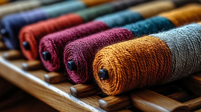 Array of Colorful Thread Spools on Wooden Rack Purple, Red, Burgundy, Orange, Teal, Grey