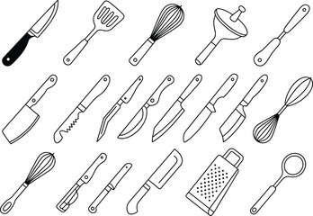 Set of black and white kitchen utensil line illustrations — knives, whisks, spatulas, and cooking tools outline vector icons