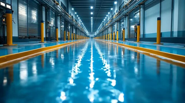 Industrial facility with reflective water and lights