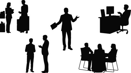 Set of black silhouettes of business people working, meeting, presenting, and communicating in office environment, vector illustration