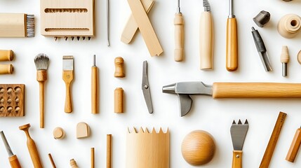 Assorted Wooden Crafting Hand Tools on White Background Display, Art, Hobby, Tool