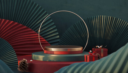 3D modern Christmas podium scene with elegant red and green color palette, warm lighting, and minimal holiday decorations with gift boxes