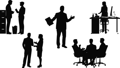 Set of black silhouettes of business people working, meeting, presenting, and communicating in office environment, vector illustration