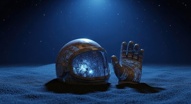 Lost Astronaut's Helmet and Glove on a Starry Alien World, Blue Tones