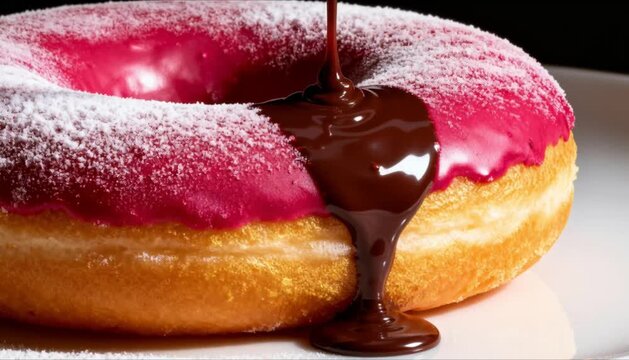 Ruby Chocolate Dipping Donut Close-Up, perfect for Chocolate Day, Chocolate Covered Anything Day, and Holiday Promotions
